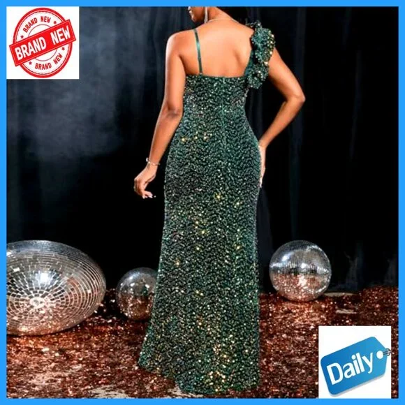 Sequin Mermaid Dress Elegant Bodycon Formal Evening Gown High Split Ruffled Hem